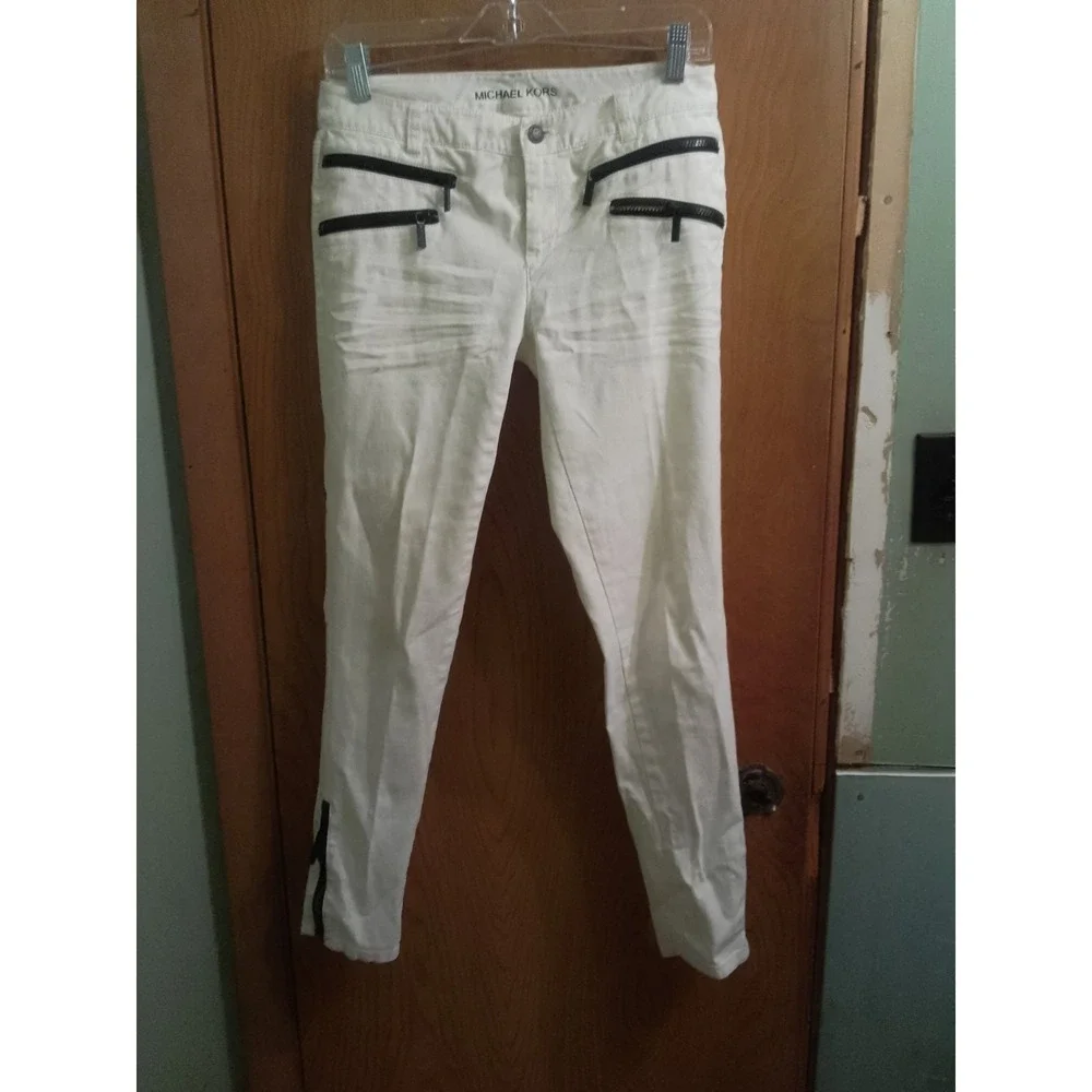 Woman's Michael Kors White Moto Stretch Skinny Ankle Jegging Jeans With Black...